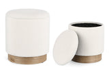 set di 2 pouf contenitore zoya bianco e legno di frassino, complemento d’arredo ideale per soggiorno o camera