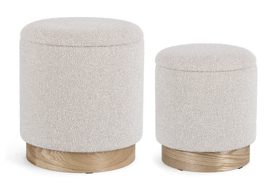 set di 2 pouf contenitore zoya grigio chiaro e legno di frassino, pouf imbottito in tessuto o velluto con seduta confortevole