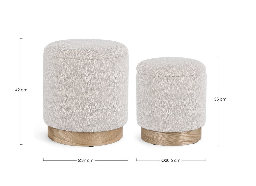 set di 2 pouf contenitore zoya grigio chiaro e legno di frassino, dettaglio delle cuciture e materiali di rivestimento