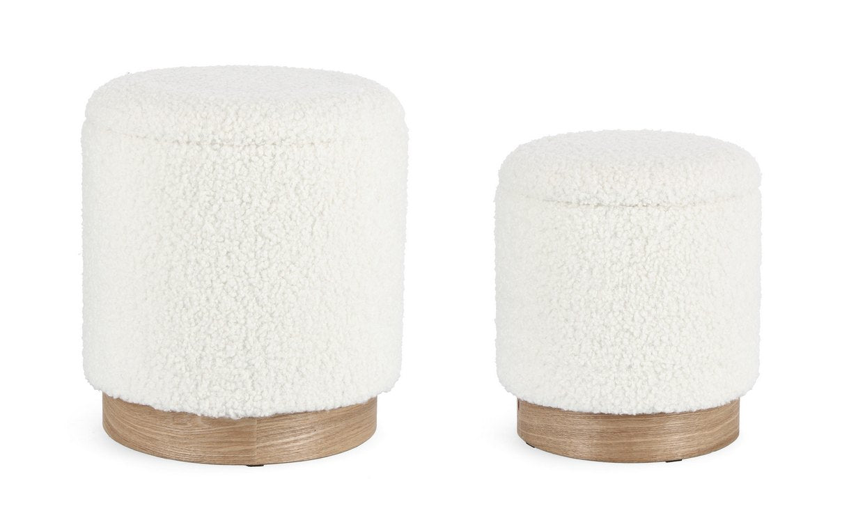 set di 2 pouf contenitore zoya bianco teddy e legno di frassino, pouf imbottito in tessuto o velluto con seduta confortevole