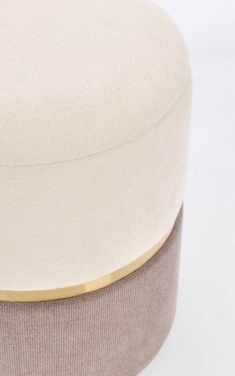 set di 2 pouf contenitore radinka in tessuto crema e rosa, dettaglio delle cuciture e materiali di rivestimento