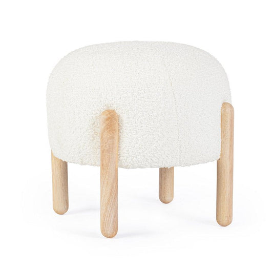 pouf dayla in tessuto bianco effetto bouclé e gambe in legno rubberwood, pouf imbottito in tessuto o velluto con seduta...