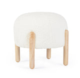 pouf dayla in tessuto bianco effetto bouclé e gambe in legno rubberwood, pouf imbottito in tessuto o velluto con seduta...