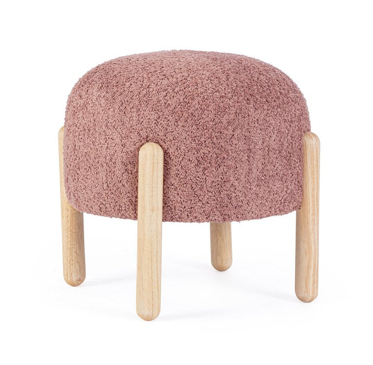 pouf dayla in tessuto rosa scuro effetto bouclé e gambe in legno rubberwood, pouf imbottito in tessuto o velluto con seduta...