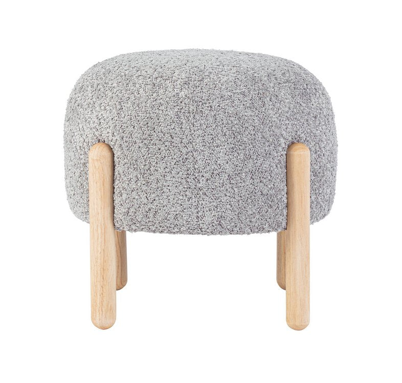 pouf dayla in tessuto grigio chiaro effetto bouclé e gambe in legno rubber wood, complemento d’arredo ideale per soggiorno o...