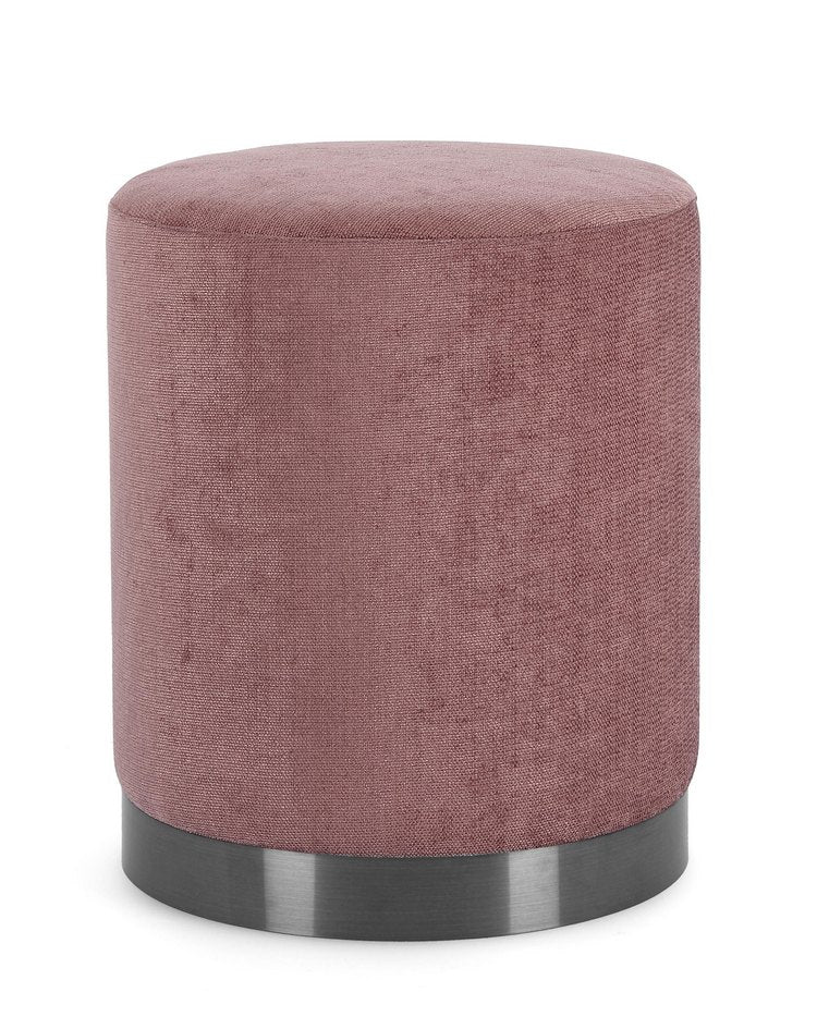 pouf ernestine in tessuto rosa scuro e anello color metallo, pouf imbottito in tessuto o velluto con seduta confortevole