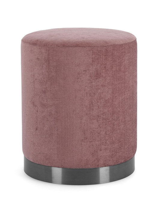 pouf ernestine in tessuto rosa scuro e anello color metallo, pouf imbottito in tessuto o velluto con seduta confortevole