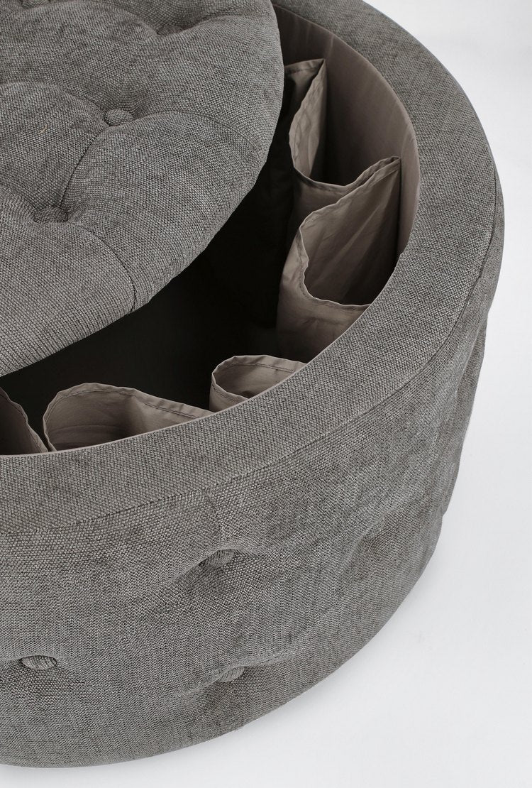 pouf contenitore porta scarpe ernestine in tessuto grigio scuro, dettaglio delle cuciture e materiali di rivestimento