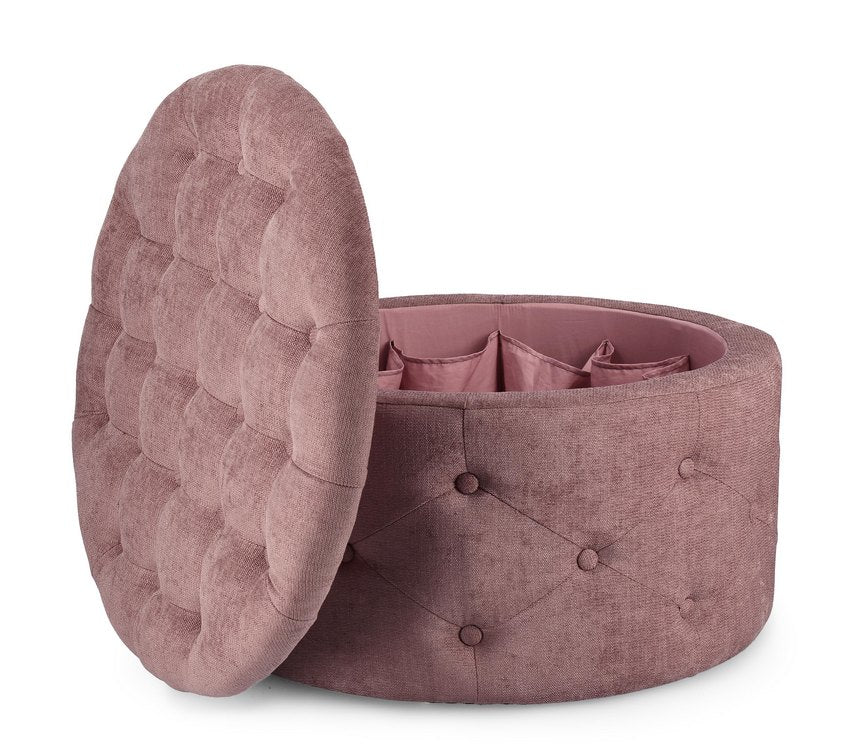pouf contenitore porta scarpe ernestine in tessuto rosa scuro, complemento d’arredo ideale per soggiorno o camera