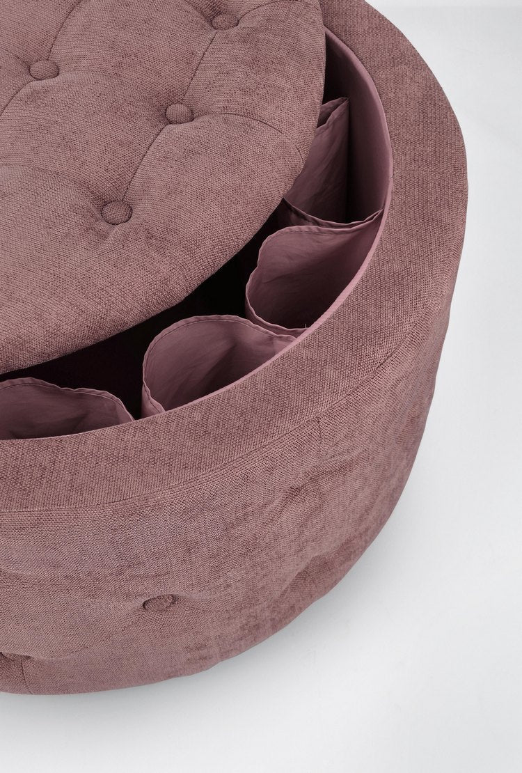 pouf contenitore porta scarpe ernestine in tessuto rosa scuro, dettaglio delle cuciture e materiali di rivestimento