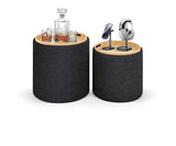 set di 2 pouf bergen contenitore in tessuto grigio scuro, trasformabile in tavolino in legno mdf, dettaglio delle cuciture e...