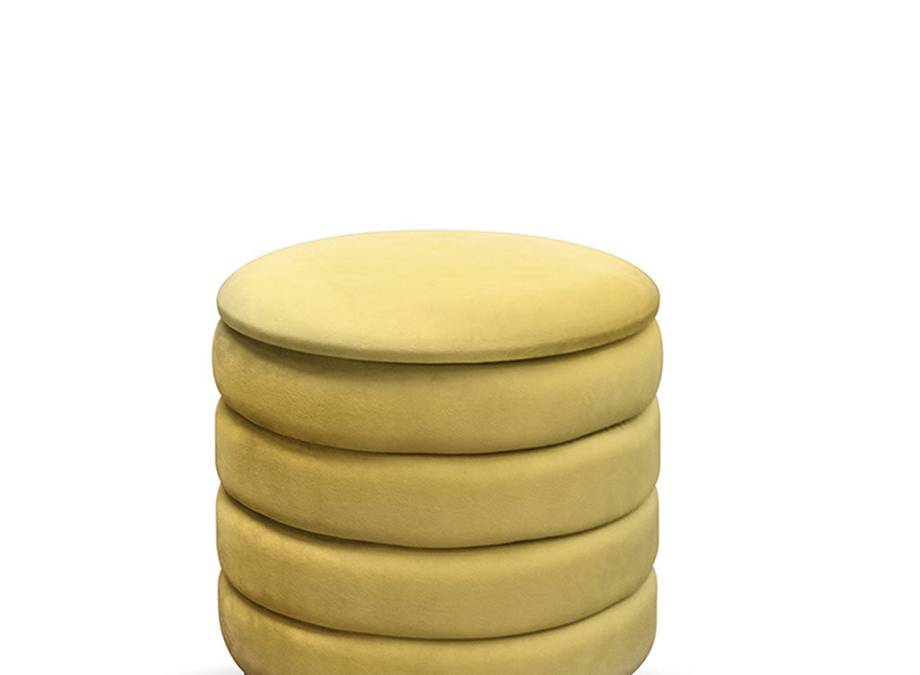 pouf contenitore arendal in tessuto effetto velluto giallo, dettaglio delle cuciture e materiali di rivestimento