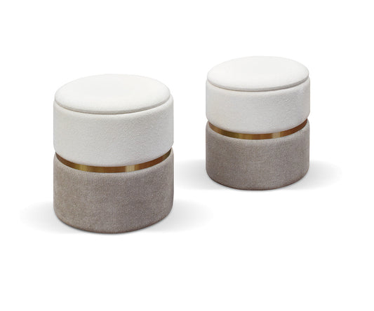 set di 2 pouf contenitore skien in tessuto effetto velluto bianco e tortora, pouf imbottito in tessuto o velluto con seduta...