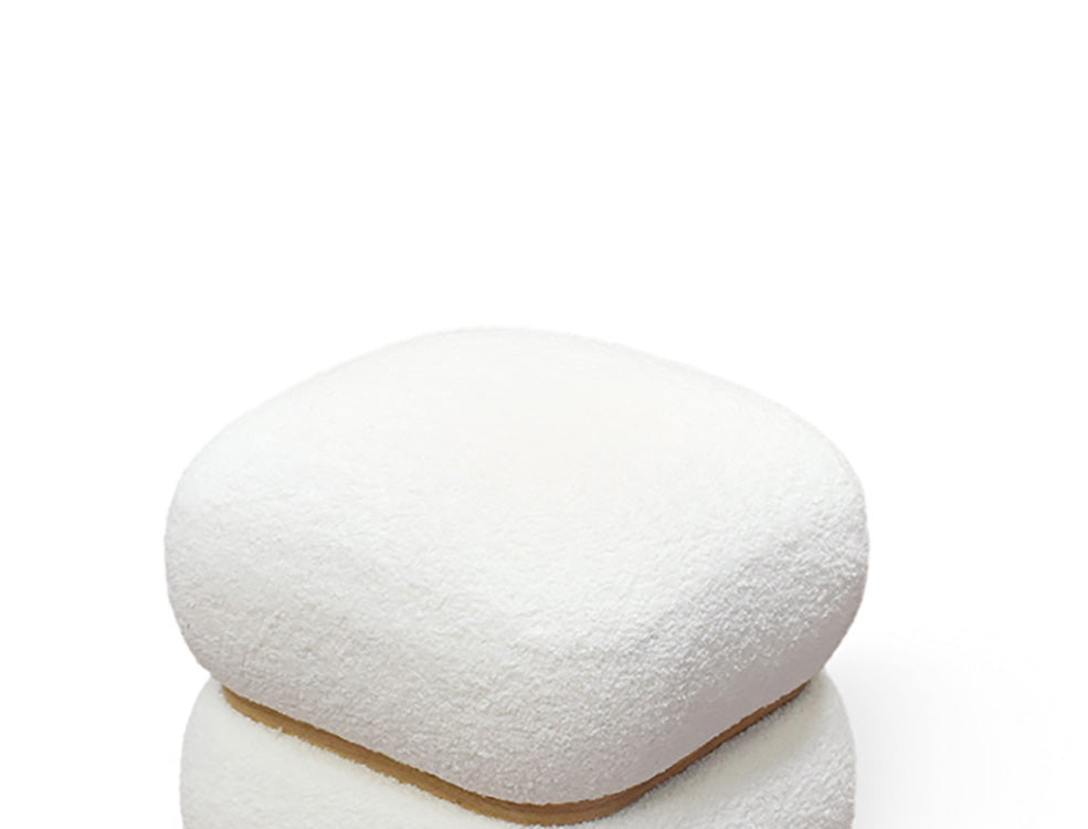 pouf boston quadrato in tessuto effetto lana bianco e anello in legno, complemento d’arredo ideale per soggiorno o camera