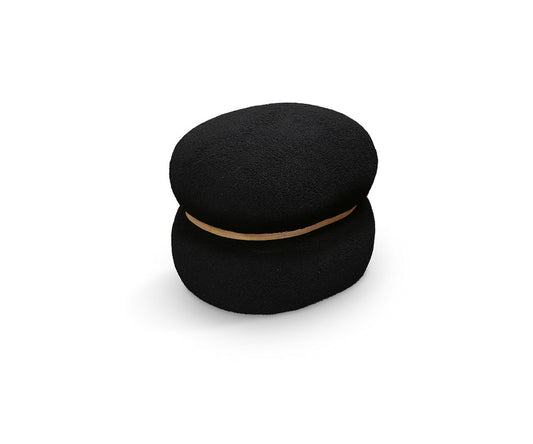 pouf boston ovale in tessuto effetto lana nero e anello in legno, pouf imbottito in tessuto o velluto con seduta confortevole