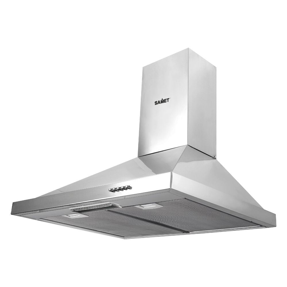 samet cappa a piramide eolo 60 inox 60 cm, vista frontale di parete attrezzata semplice e moderna