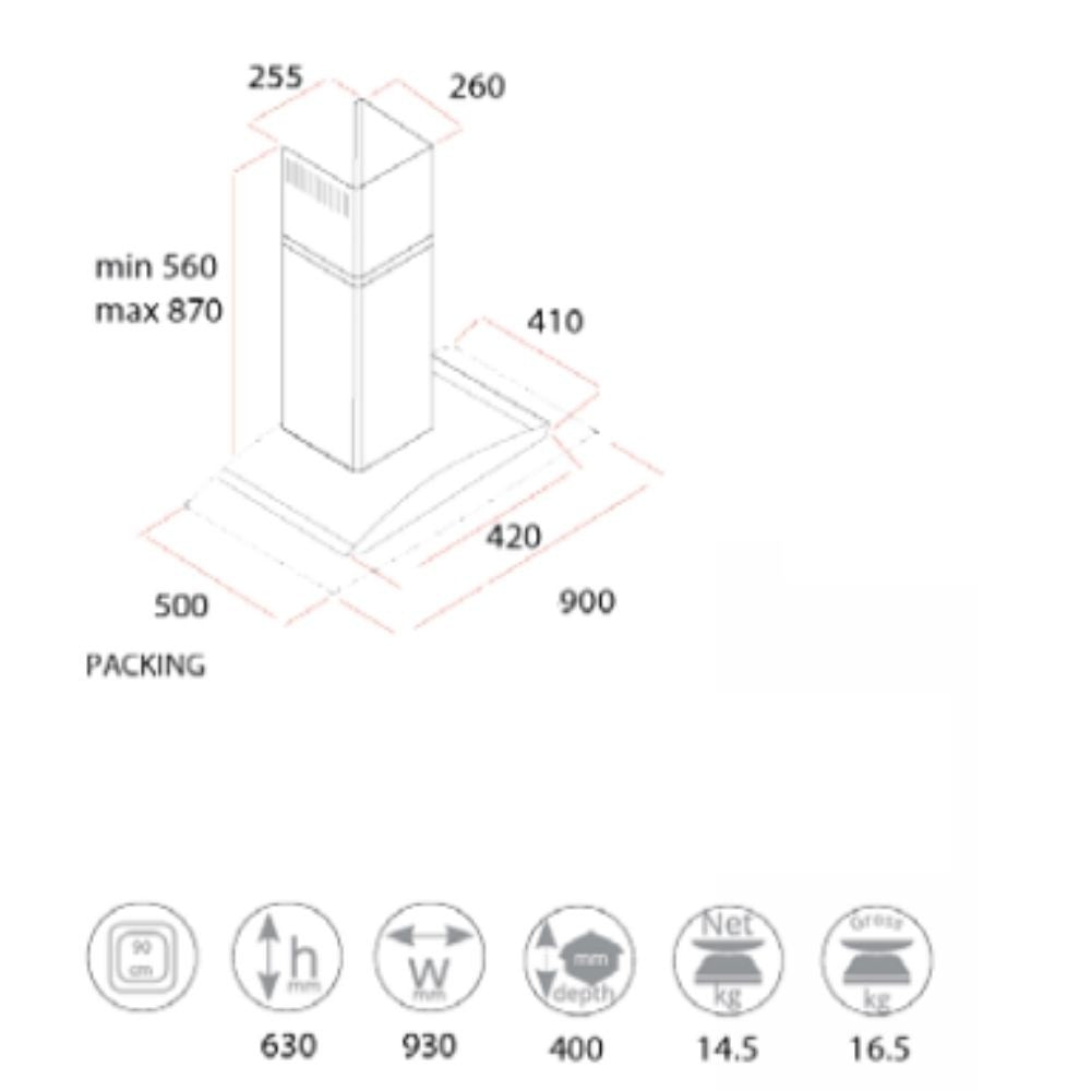 samet cappa weth 90 inox da parete 90 cm cupolino in vetro, vista laterale per mostrare profondità e struttura