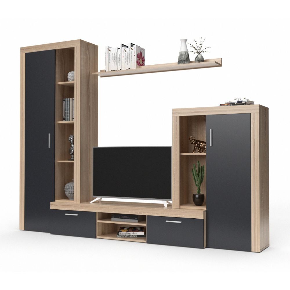 parete attrezzata nobel rovere sonoma e grafite, vista laterale della parete attrezzata montata