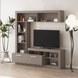 parete attrezzata leo con nicchia a giorno e anta a ribalta colore light mocha, dettaglio di mensole, ante e moduli contenitori