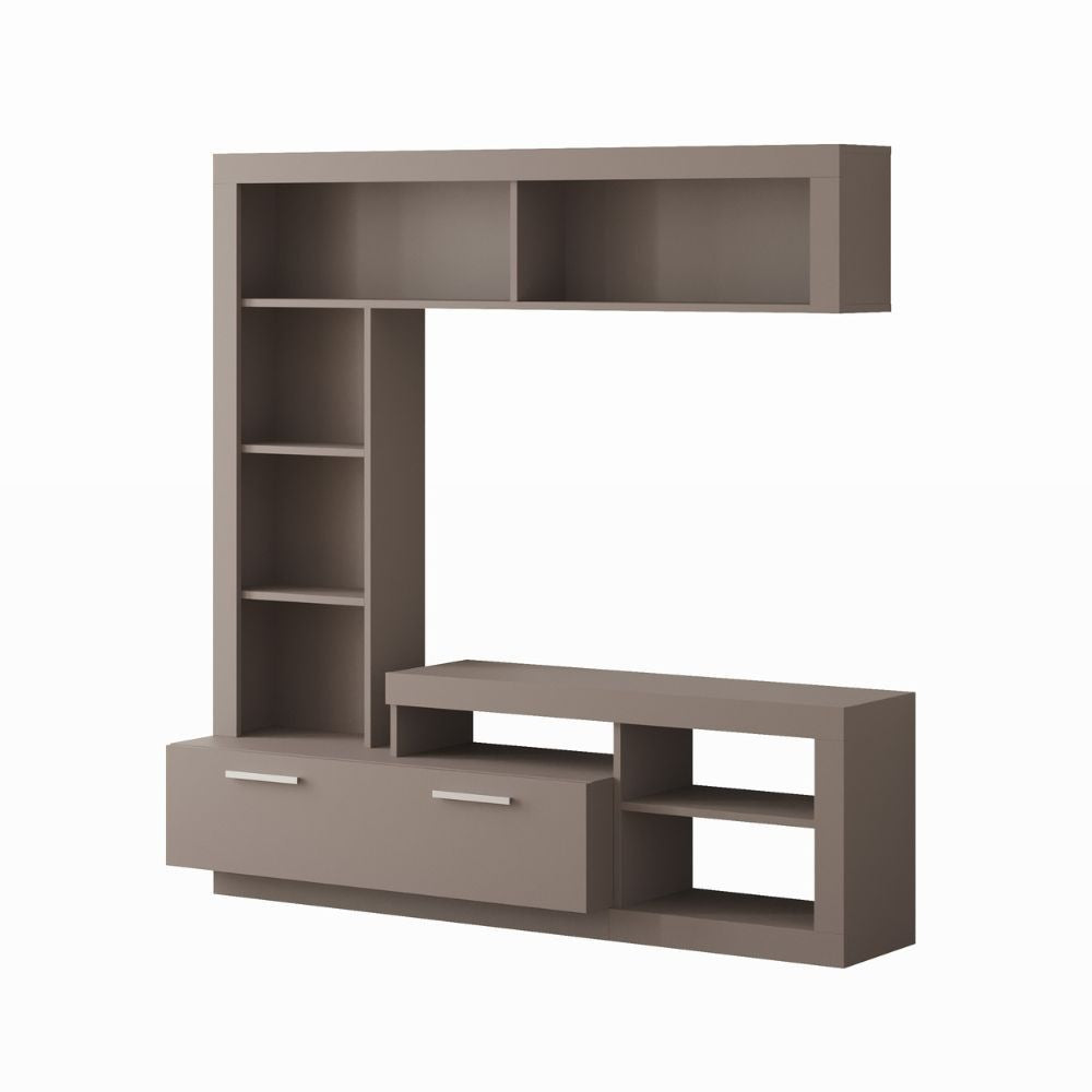 parete attrezzata leo con nicchia a giorno e anta a ribalta colore light mocha, parete attrezzata in ambientazione soggiorno