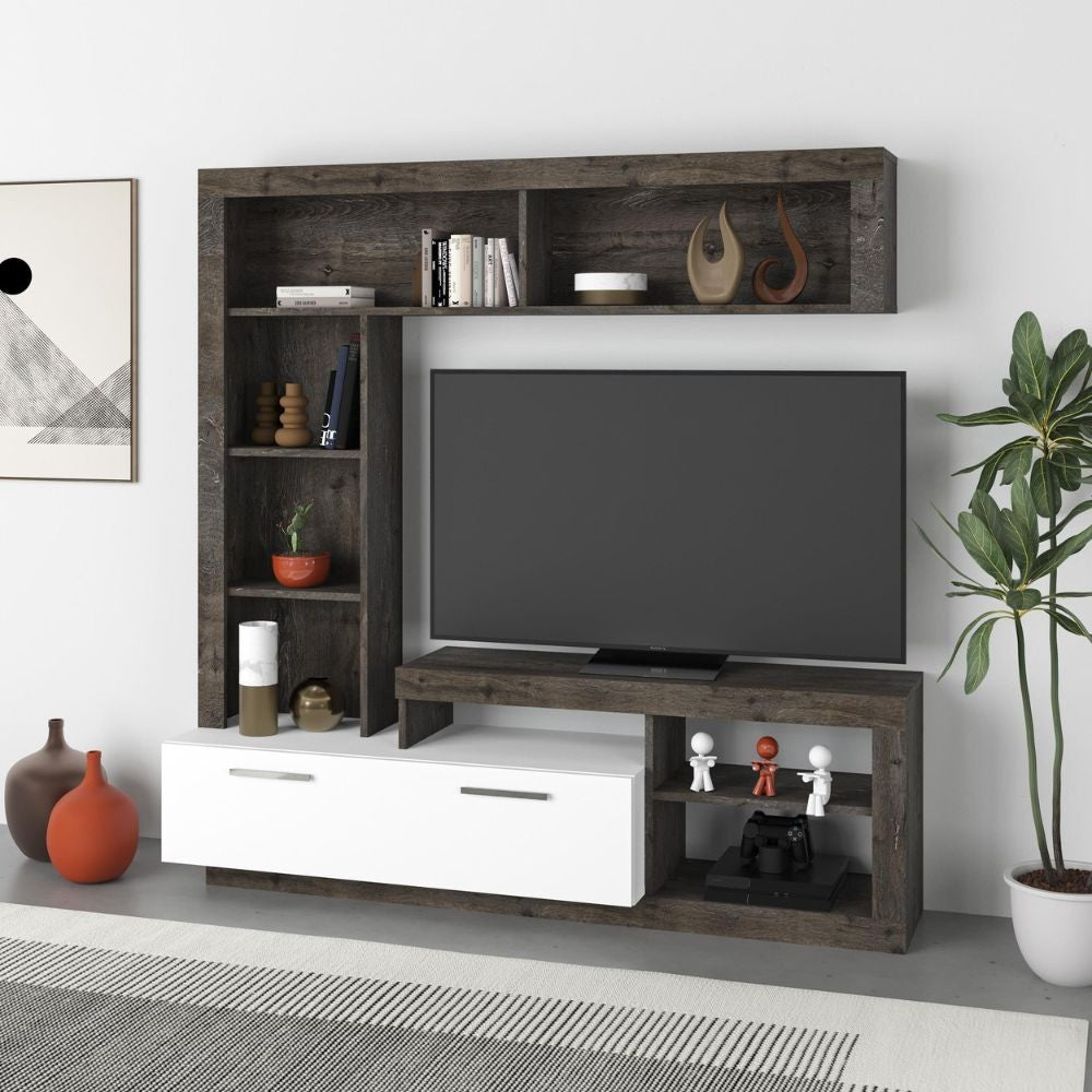 parete attrezzata leo con nicchie a giorno e anta a ribalta colore dark coffee e bianco, parete attrezzata vista frontale, moderna e funzionale