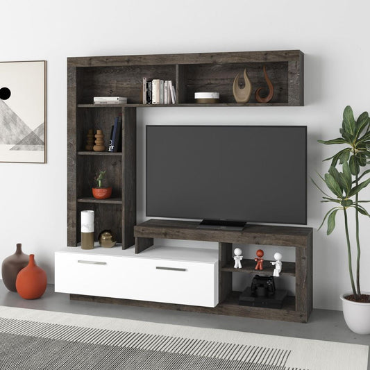 parete attrezzata leo con nicchie a giorno e anta a ribalta colore dark coffee e bianco, parete attrezzata vista frontale, moderna e funzionale