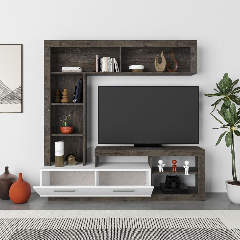 parete attrezzata leo con nicchie a giorno e anta a ribalta colore dark coffee e bianco, composizione a parete con spazio TV e libreria