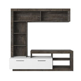 parete attrezzata leo con nicchie a giorno e anta a ribalta colore dark coffee e bianco, parete attrezzata in ambientazione soggiorno