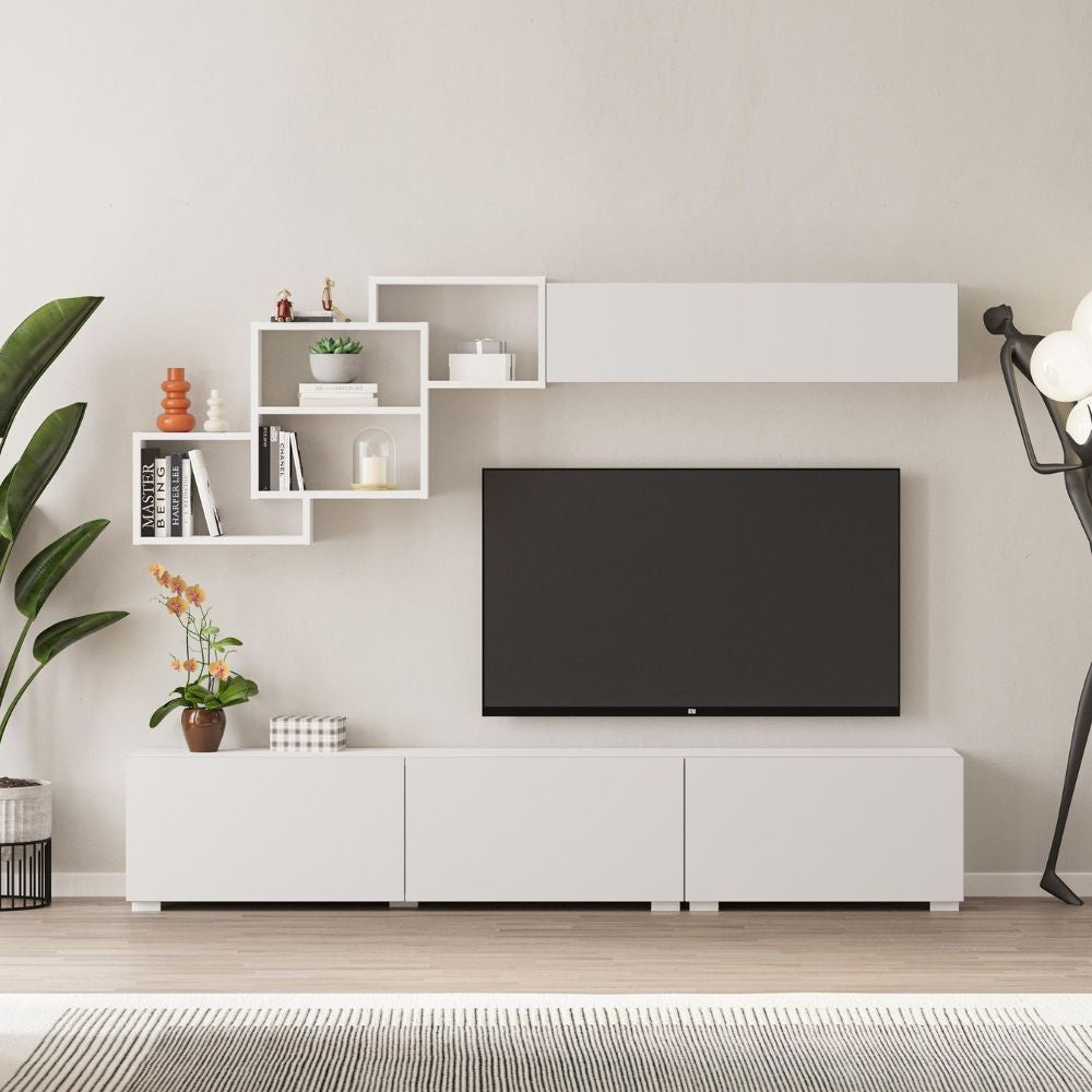 parete attrezzata free con nicchie a giorno colore bianco, dettaglio di mensole, ante e moduli contenitori