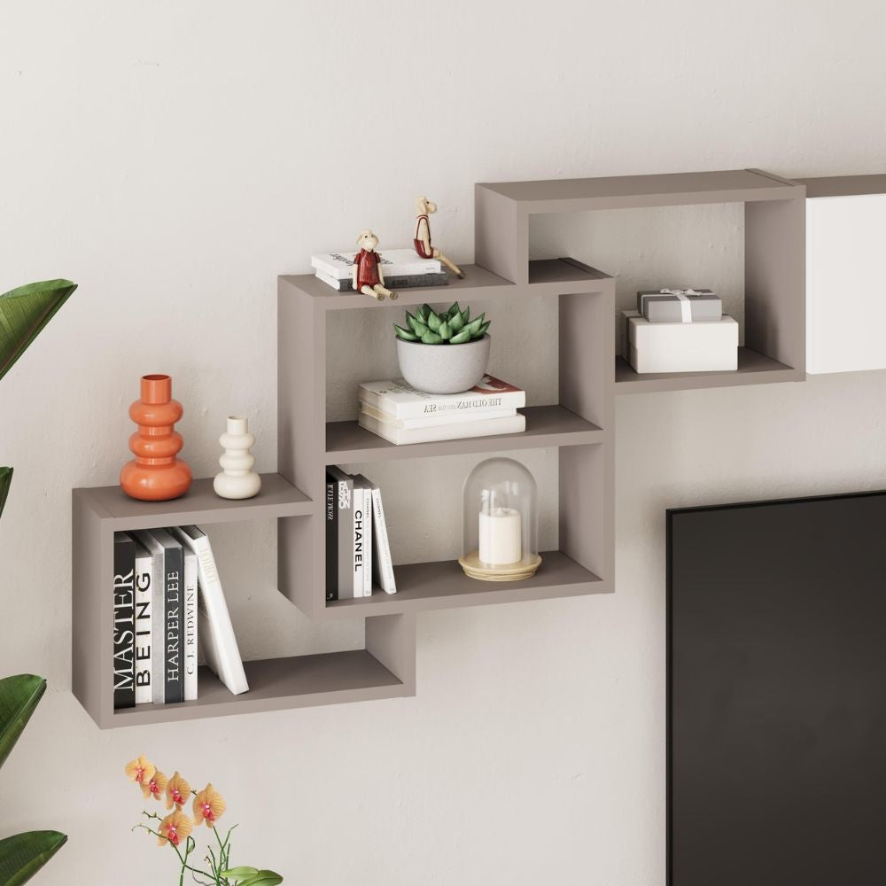 parete attrezzata free con nicchie a giorno colore mocha e bianco, parete attrezzata in ambientazione soggiorno