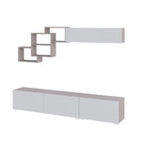 parete attrezzata free con nicchie a giorno colore mocha e bianco, dettaglio dei materiali e finiture coordinate