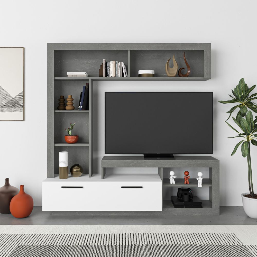 parete attrezzata cemento bianco leo, dettaglio di mensole, ante e moduli contenitori