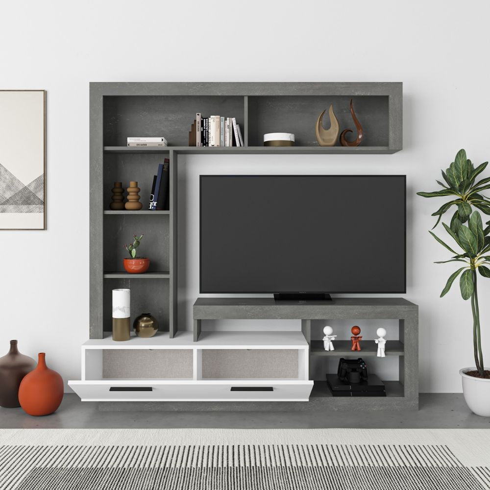 parete attrezzata cemento bianco leo, composizione a parete con spazio TV e libreria