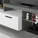 parete attrezzata cemento bianco leo, vista laterale della parete attrezzata montata