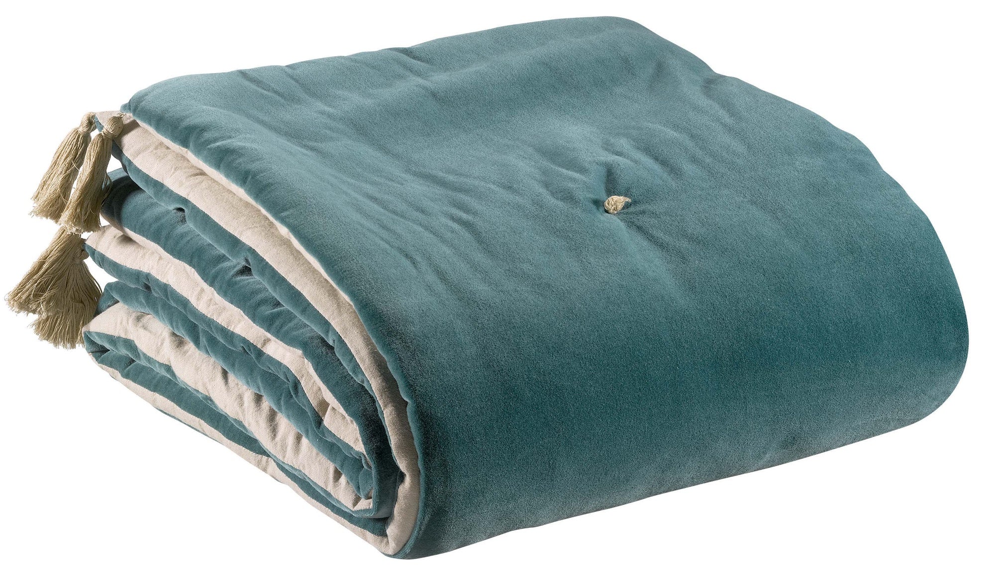 piumino con pompon elise verde grigio, colore verde grigio, taglia 80 x 180. vista frontale del piumino su sfondo bianco,...