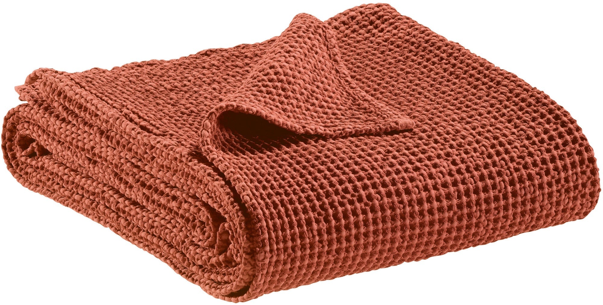 plaid riciclato maia terra di siena, colore terra di siena, taglia 140 x 200. plaid piegato in vista frontale su fondo...