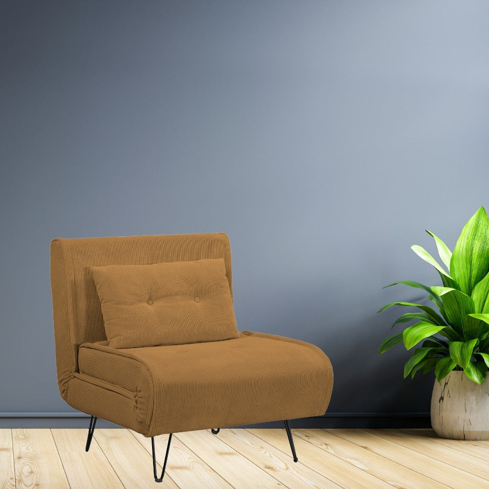 poltrona letto quarzo senza braccioli colore mostarda con piedini in metallo, poltrona imbottita con struttura solida e design moderno