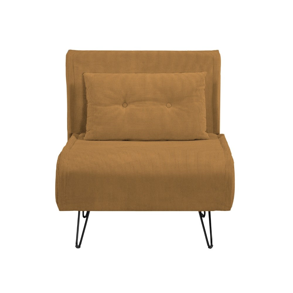 poltrona letto quarzo senza braccioli colore mostarda con piedini in metallo, vista ambientata in soggiorno o angolo lettura