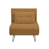 poltrona letto quarzo senza braccioli colore mostarda con piedini in metallo, vista ambientata in soggiorno o angolo lettura