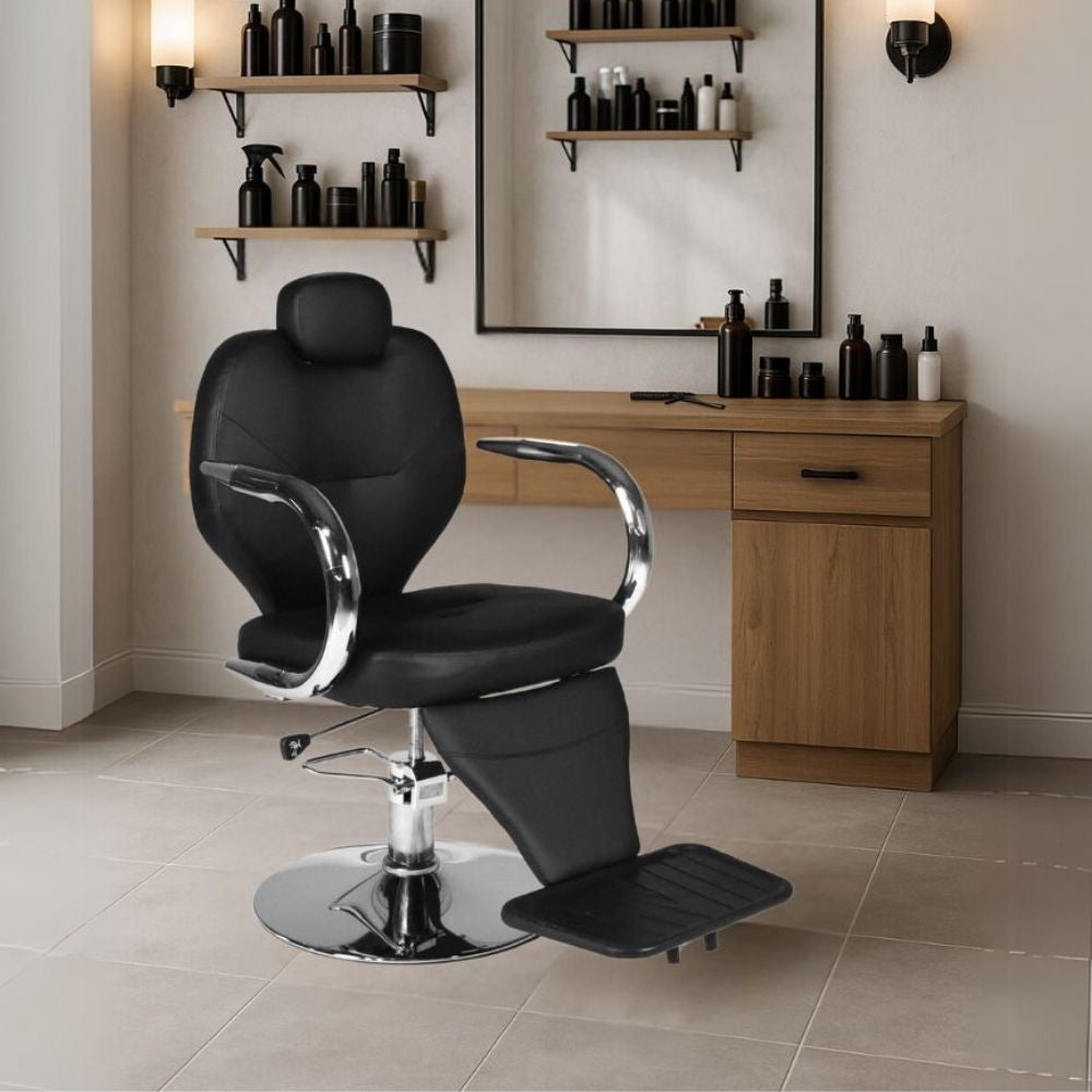 poltrona da barbiere bobo reclinabile in ecopelle nero con braccioli e struttura in acciaio cromato lucido, poltrona professionale da barbiere con struttura in metallo