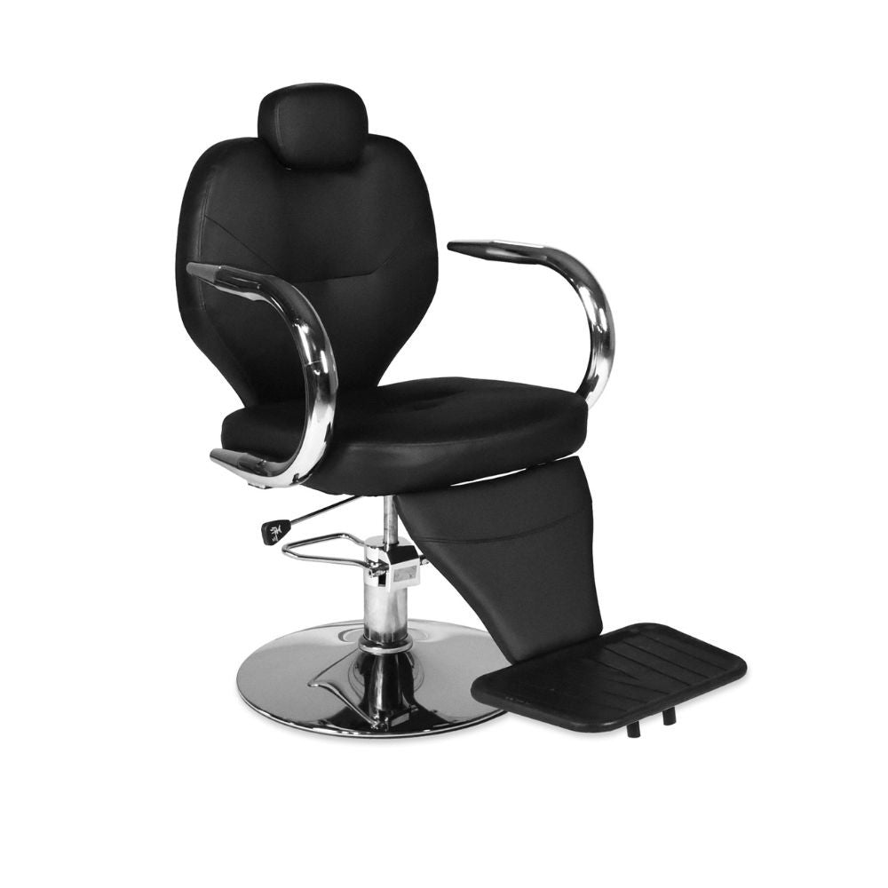 poltrona da barbiere bobo reclinabile in ecopelle nero con braccioli e struttura in acciaio cromato lucido, dettaglio del rivestimento in ecopelle e poggiatesta regolabile