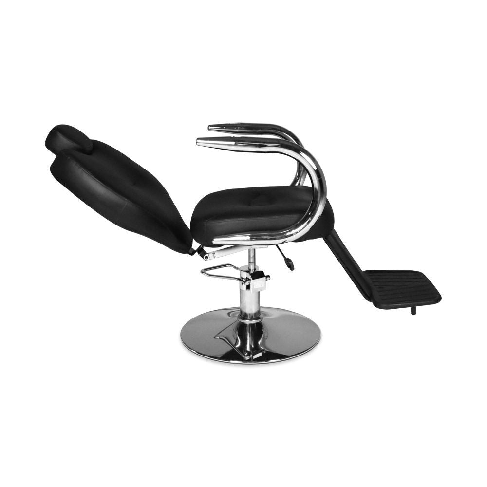 poltrona da barbiere bobo reclinabile in ecopelle nero con braccioli e struttura in acciaio cromato lucido, design retrò ispirato alle classiche barberie