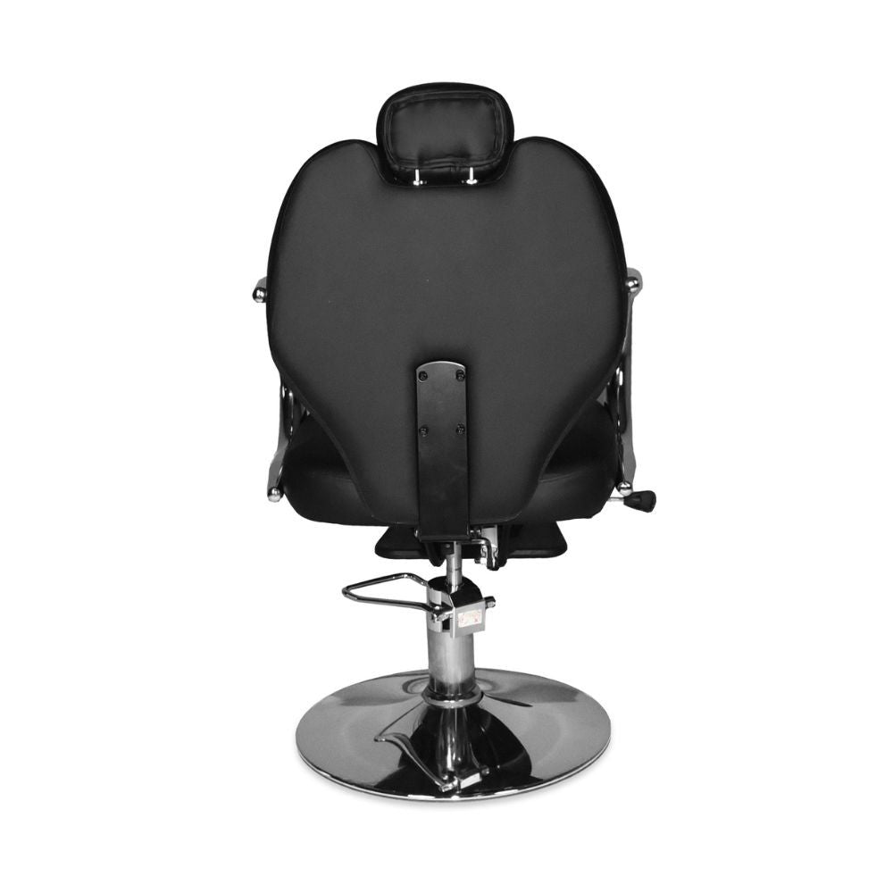 poltrona da barbiere bobo reclinabile in ecopelle nero con braccioli e struttura in acciaio cromato lucido, struttura robusta e base antiscivolo per sicurezza e stabilità