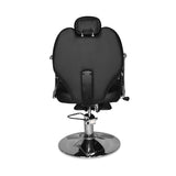 poltrona da barbiere bobo reclinabile in ecopelle nero con braccioli e struttura in acciaio cromato lucido, struttura robusta e base antiscivolo per sicurezza e stabilità