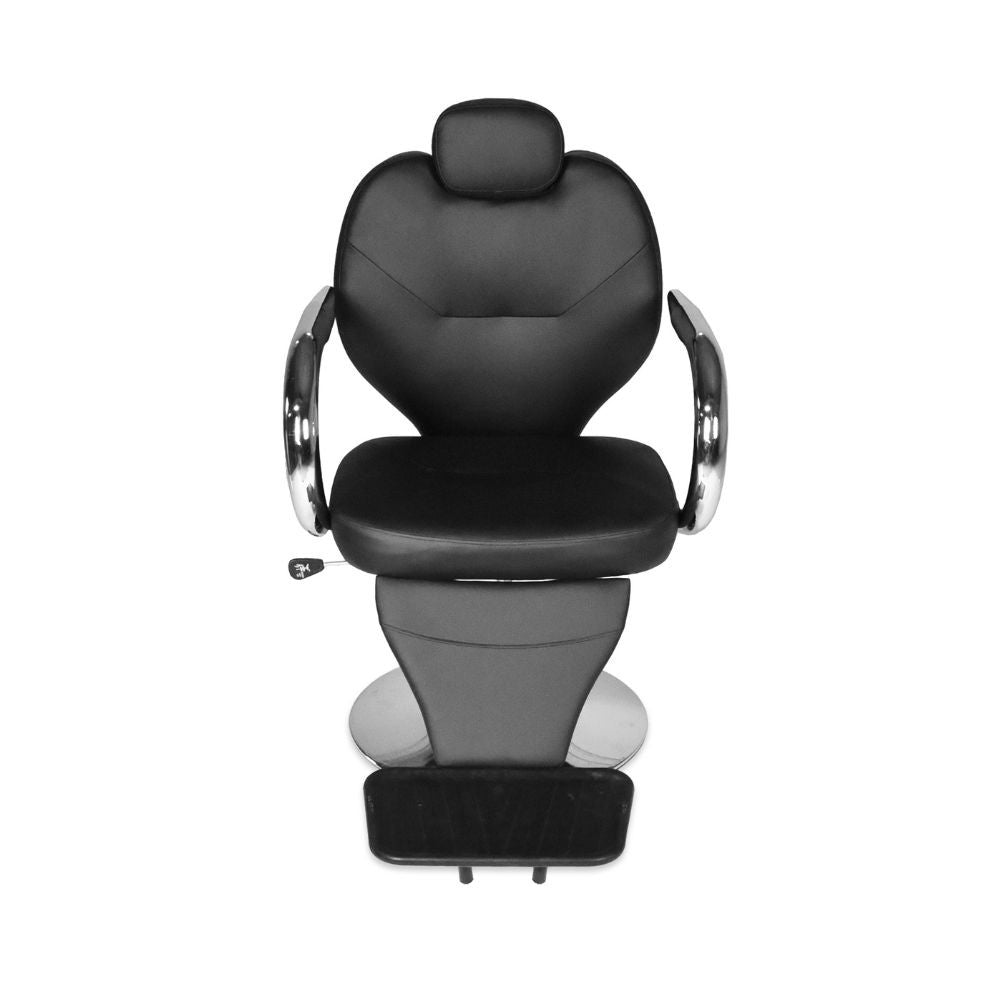 poltrona da barbiere bobo reclinabile in ecopelle nero con braccioli e struttura in acciaio cromato lucido, poltrona girevole con reclinazione fluida e meccanismo idraulico