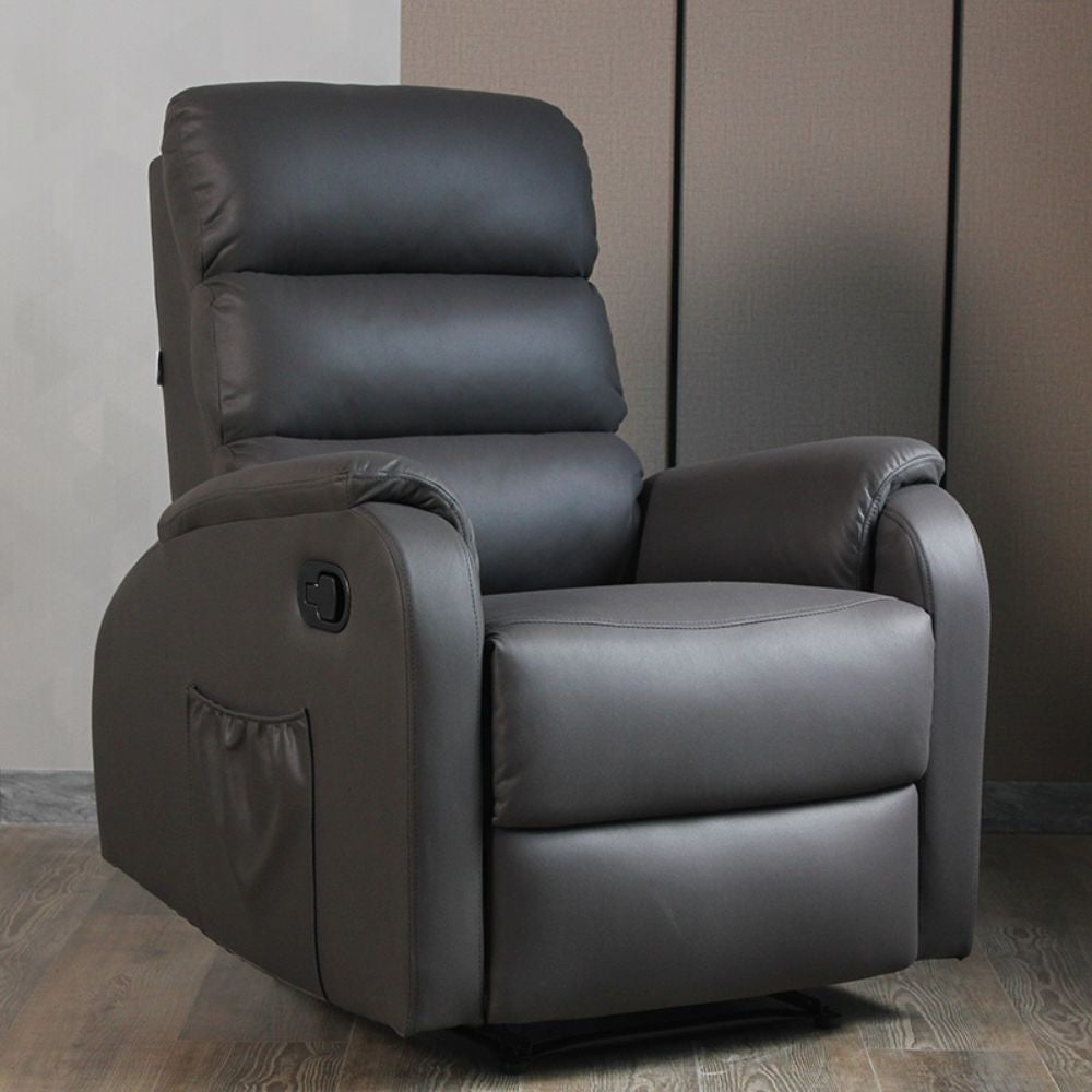 poltrona relax futura in nabuk grigio manuale 8 punti di massaggio, dettaglio della seduta imbottita e poggiapiedi estensibile