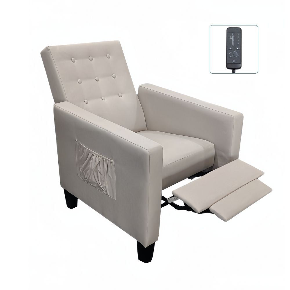 poltrona malea recliner 4 punti massaggianti in tessuto beige, vista ambientata in salotto o stanza relax