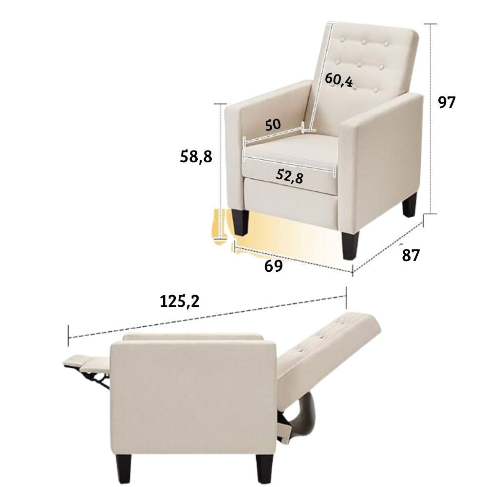 poltrona malea recliner 4 punti massaggianti in tessuto beige, perfetta per momenti di riposo o lettura