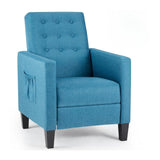 poltrona malea recliner 4 punti massaggianti in tessuto blu, dettaglio della seduta imbottita e poggiapiedi estensibile