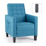 poltrona malea recliner 4 punti massaggianti in tessuto blu, vista ambientata in salotto o stanza relax